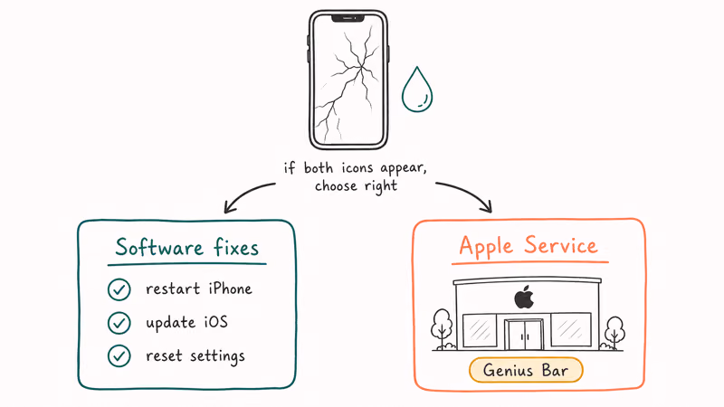 Decision flow showing damaged iPhone forking between software fixes path and Apple service path for Face ID