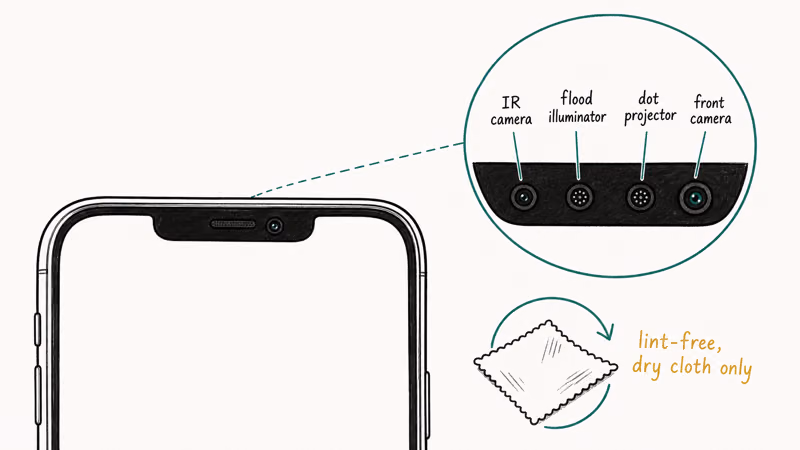 Enlarged view of iPhone TrueDepth sensor cluster with infrared dot projector labels and microfiber cleaning cloth icon