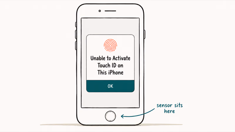 Hand-drawn iPhone showing the unable to activate Touch ID dialog with a fingerprint icon and an OK button