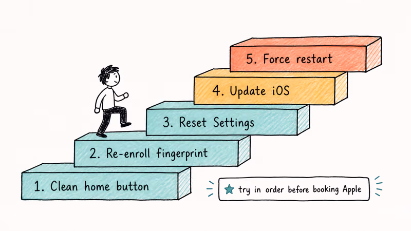 Hand-drawn five step staircase showing the recommended order for Touch ID fixes from cleaning sensor to force restart