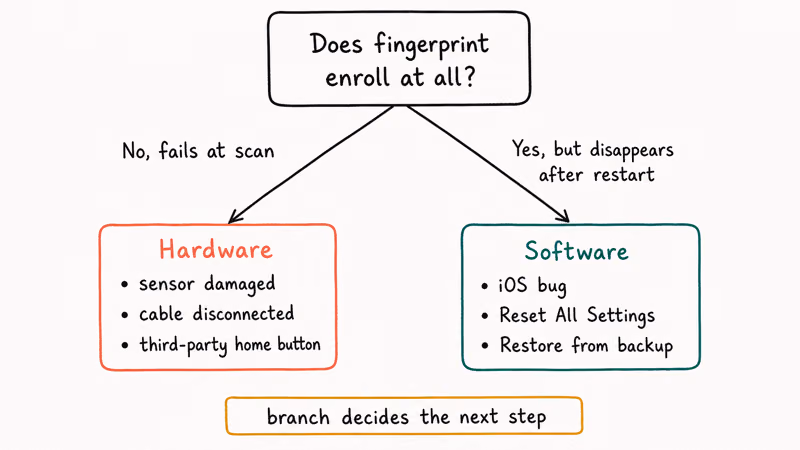 Hand-drawn decision tree branching from a Touch ID test into hardware causes versus software causes