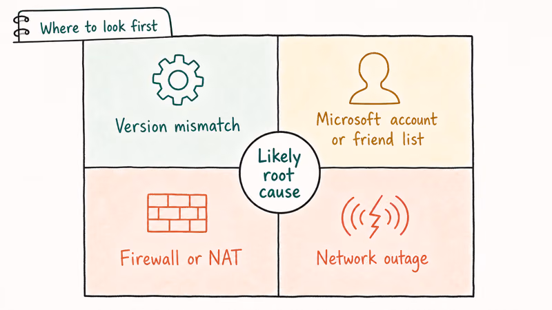 Four sector quadrant showing root cause buckets for Minecraft unable to connect to world errors
