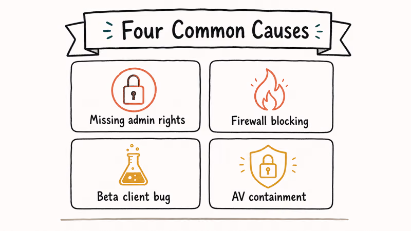 Hand-drawn four panel grid showing admin rights firewall beta client and antivirus containment as causes of the Steam