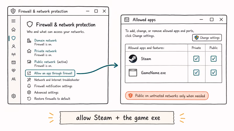 Hand-drawn Windows Defender firewall allow an app window showing Steam and a game executable ticked for Private and