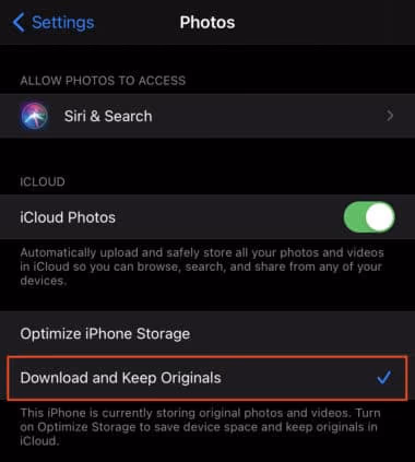 Disable Storage Optimization to fix Unable to Load Video or Photos on iPhone