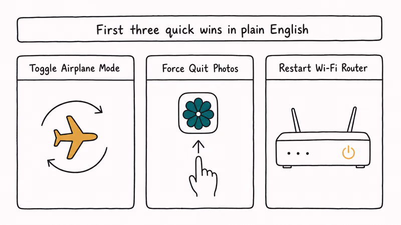 Three card row showing first three iPhone quick fixes airplane toggle force quit Photos and restart Wi-Fi router.