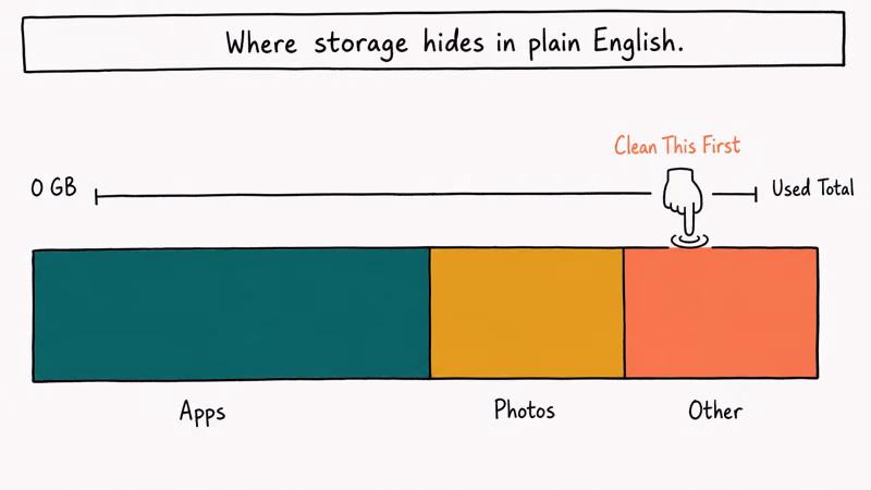 Horizontal storage bar segmented into apps photos and other with finger pointing to other segment for cleanup.