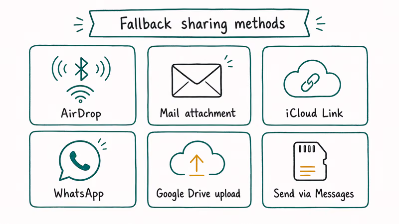 Grid of five fallback photo sharing methods including AirDrop Mail iCloud Link WhatsApp and Drive