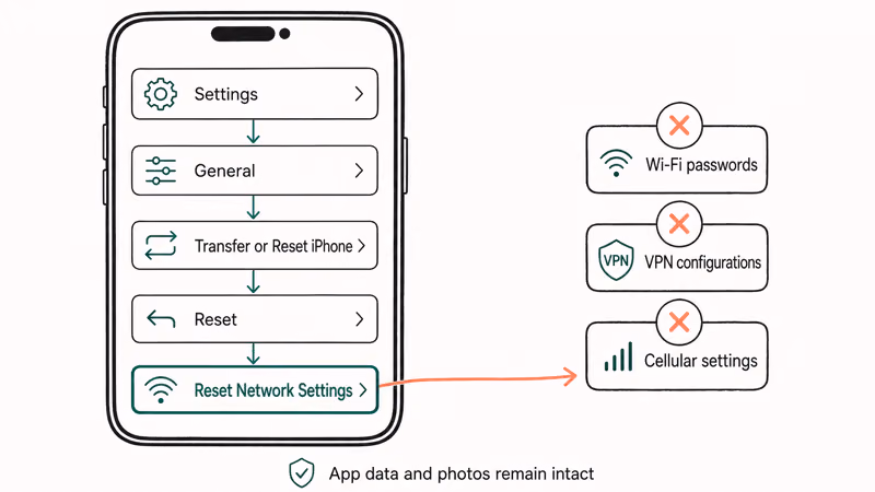 iPhone settings drill-down for reset network settings showing what data gets cleared in the process