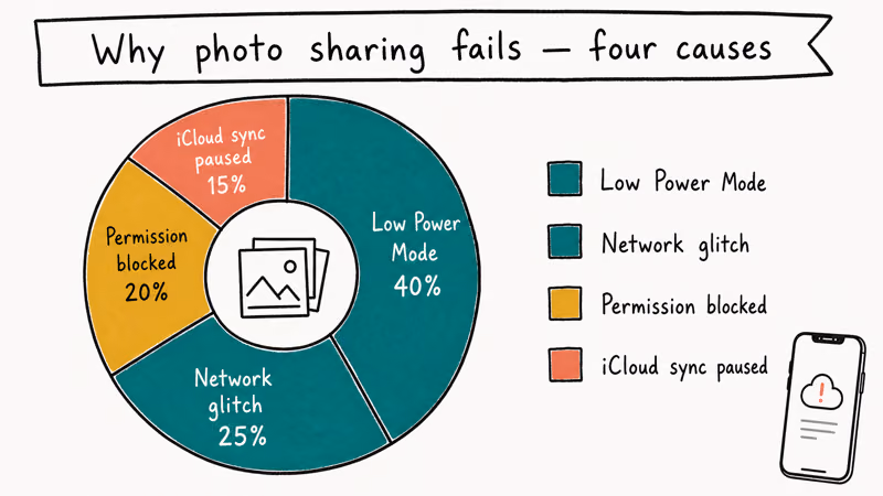 Donut chart showing four common causes of iPhone photo sharing failure with percentage weighting