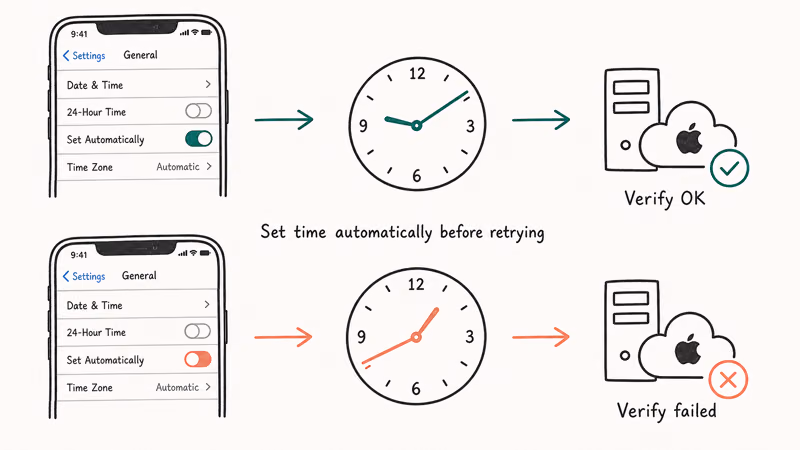 Diagram linking iPhone date and time auto setting to successful Apple server certificate verification