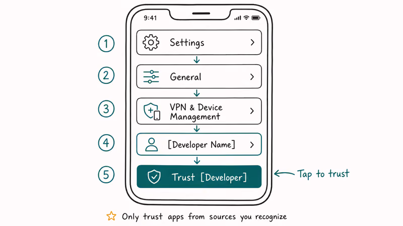 iPhone settings drill-down showing path to trust a developer certificate from VPN and Device Management