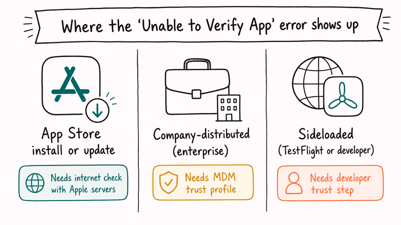 Three column diagram showing three contexts where iPhone displays Unable to Verify App error