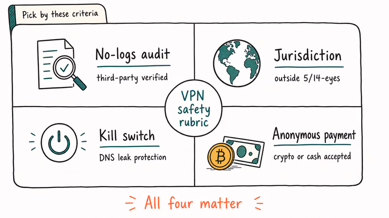 Four quadrant rubric showing no logs audit jurisdiction kill switch and anonymous payment for VPN safety