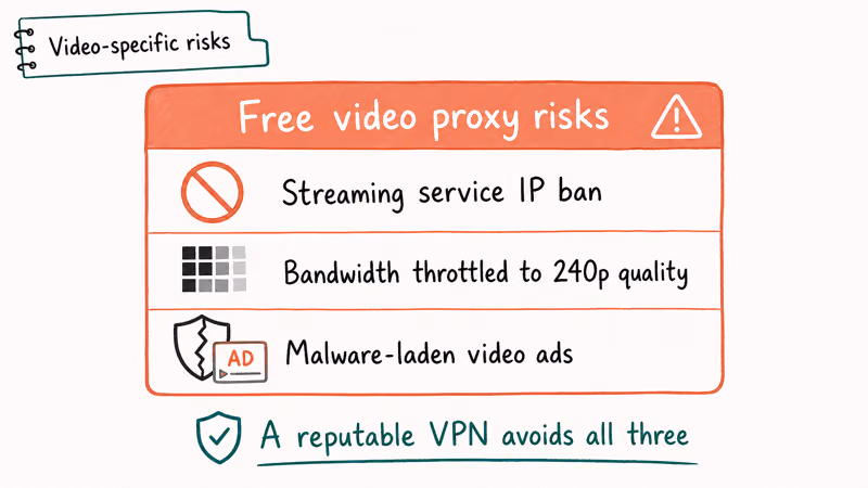 Warning card listing free video proxy risks including IP ban bandwidth throttle and malware video ads
