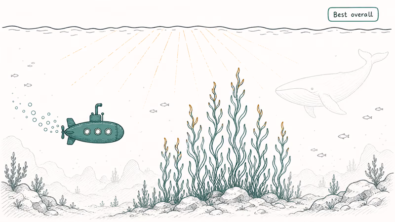 Hand-drawn underwater scene with submarine kelp forest and distant whale evoking Subnautica style