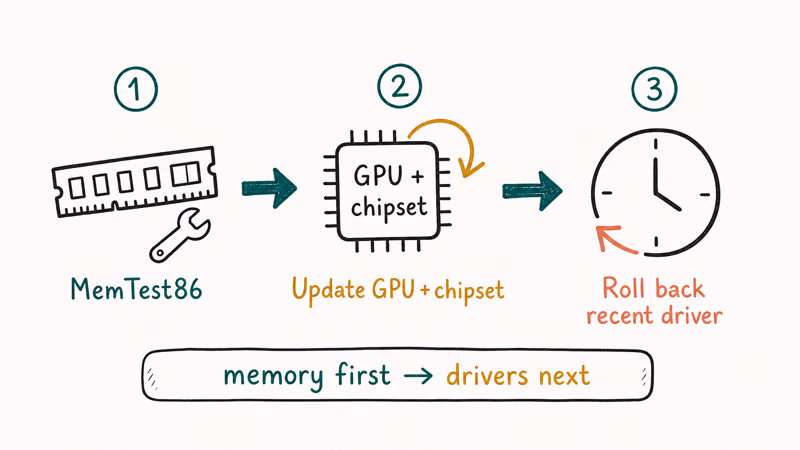 Hand-drawn three step flow showing MemTest first then driver updates then driver rollback for kernel mode trap fixes