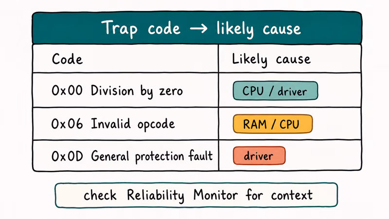 Hand-drawn lookup table mapping common trap codes to likely cause categories like CPU RAM and driver