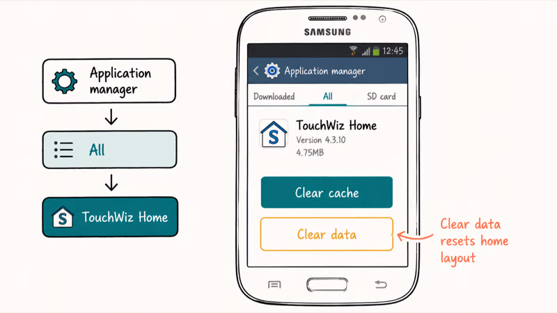 Samsung TouchWiz Settings breadcrumb to Application manager All TouchWiz Home with Clear cache and Clear data buttons