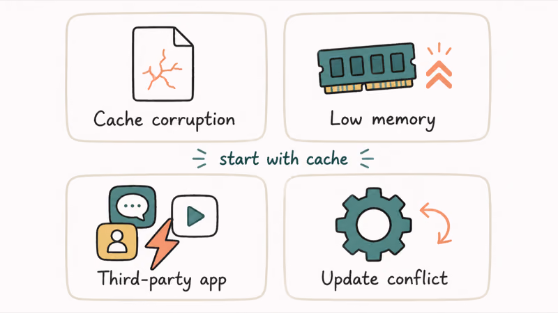 Four card grid showing TouchWiz Home stopped causes cache corruption low memory third party app and update conflict