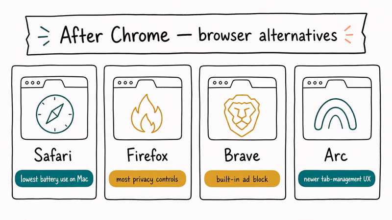 Four browser comparison cards showing Safari Firefox Brave and Arc with a key trait each