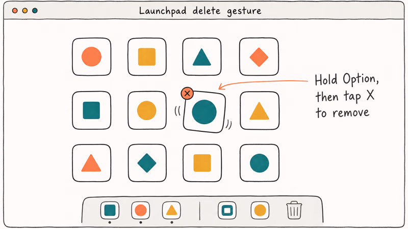 Mac Launchpad grid showing app icon with delete X badge after long press hold option gesture