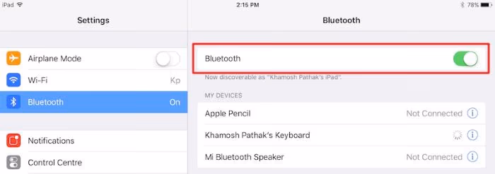 Enabling Bluetooth on iPad 