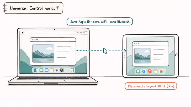Mac and iPad side by side showing Universal Control cursor handoff with shared Apple ID and proximity rule