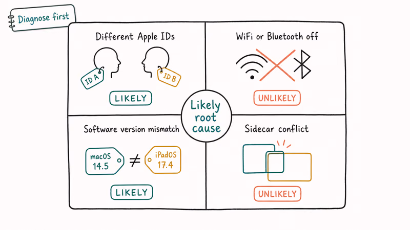 Four quadrant root cause map for Universal Control issues including Apple ID WiFi software and Sidecar