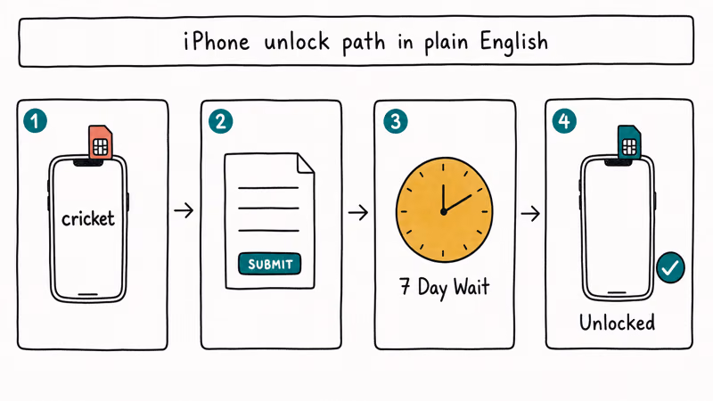 Four step Cricket iPhone unlock flow showing branded screen request form seven day wait and unlocked SIM swap