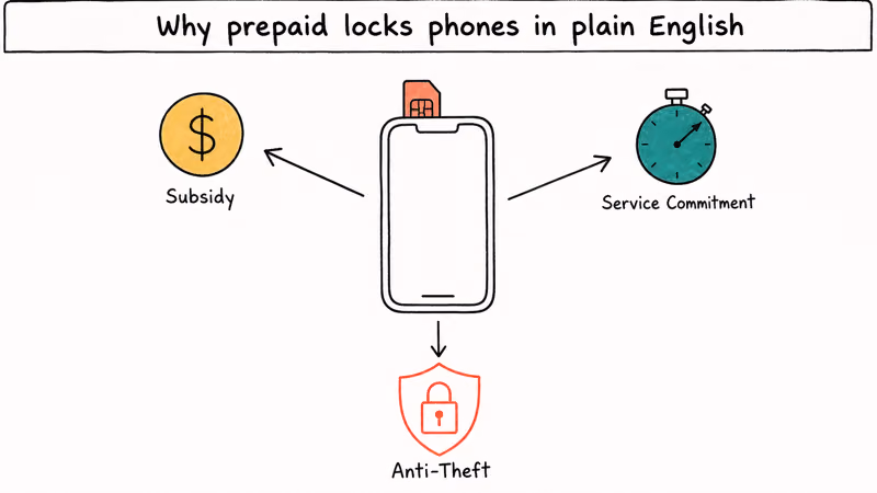 Central phone with locked SIM and three concept icons subsidy service commitment and anti theft explaining prepaid carrier