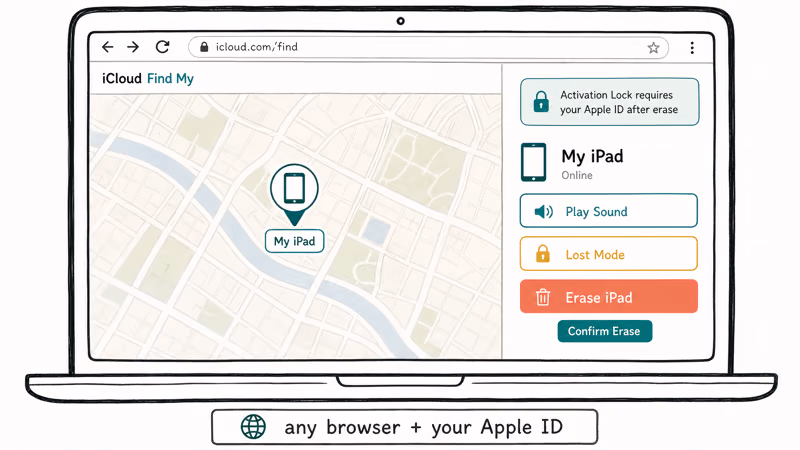 Hand-drawn iCloud Find My screen showing the Erase iPad option with an Activation Lock reminder beside it