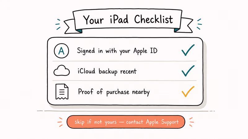 Hand-drawn checklist showing Apple ID iCloud backup and proof of purchase before unlocking your own iPad