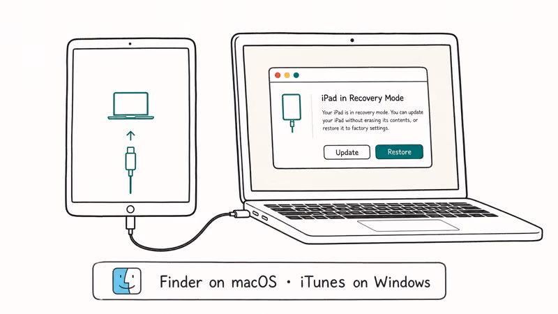 Hand-drawn iPad connected by USB-C to a MacBook showing the recovery mode restore dialog in Finder