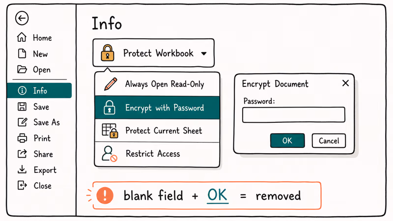 Hand-drawn Excel File Info backstage view with the Protect Workbook dropdown showing Encrypt with Password highlighted