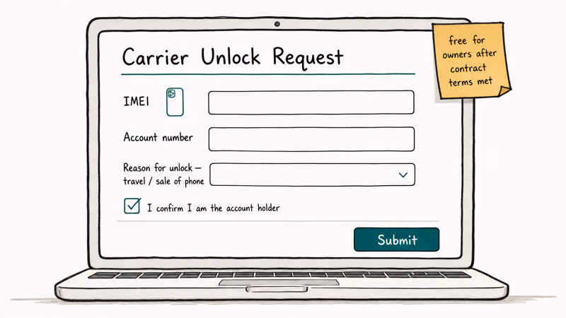 Hand-drawn laptop screen showing a carrier SIM unlock request form with IMEI account number and submit button
