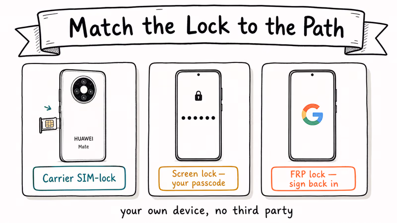 Hand-drawn three card row showing carrier SIM lock screen lock and FRP lock on a Huawei Mate