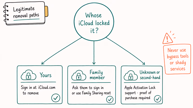 Decision tree mapping Activation Lock removal paths by iCloud owner with proof of purchase as fallback