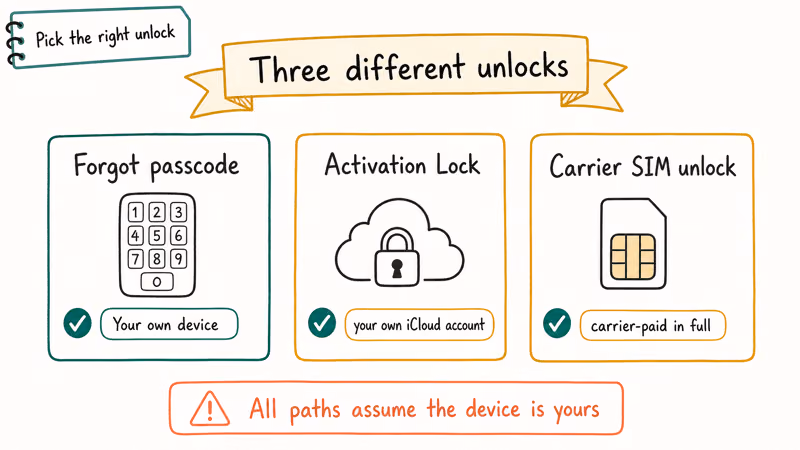 Three card row distinguishing iPhone passcode reset Activation Lock and carrier SIM unlock paths