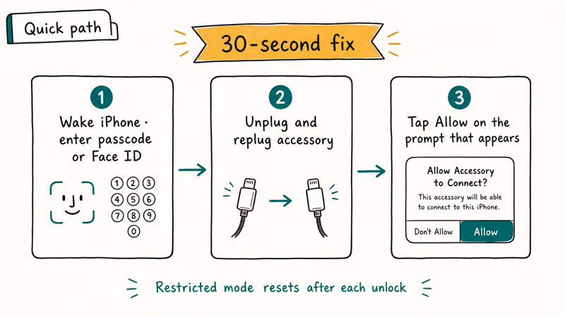 Three step fix flow for Unlock iPhone to Use Accessories message via passcode replug and Allow prompt