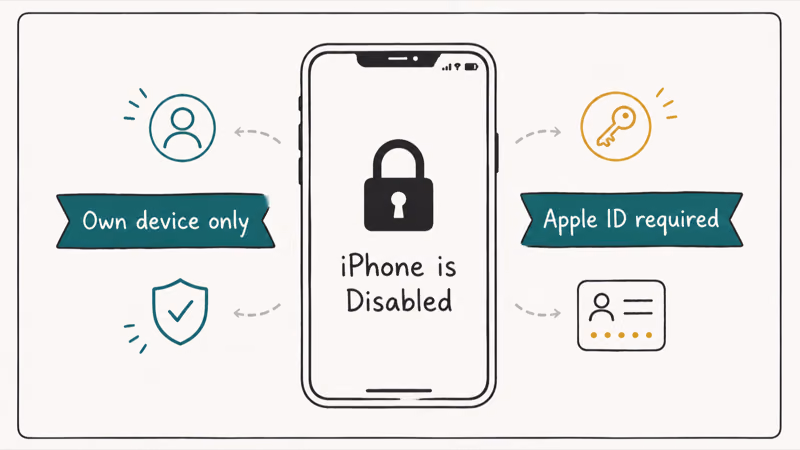 Lockout primer card showing iPhone is Disabled screen with own device only and Apple ID required teal banners