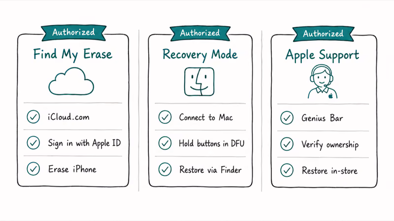 Three route panel of official iPhone unlock methods Find My iPhone Erase Recovery mode and Apple Support each