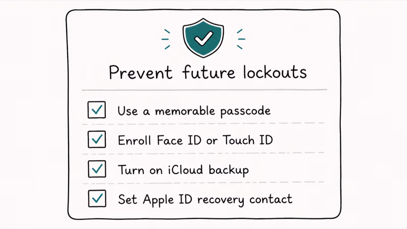 Prevention checklist for iPhone lockouts including memorable passcode biometrics iCloud backup and Apple ID recovery contact