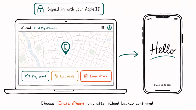 Laptop showing iCloud Find My iPhone map and erase button leading to phone Setup Assistant screen
