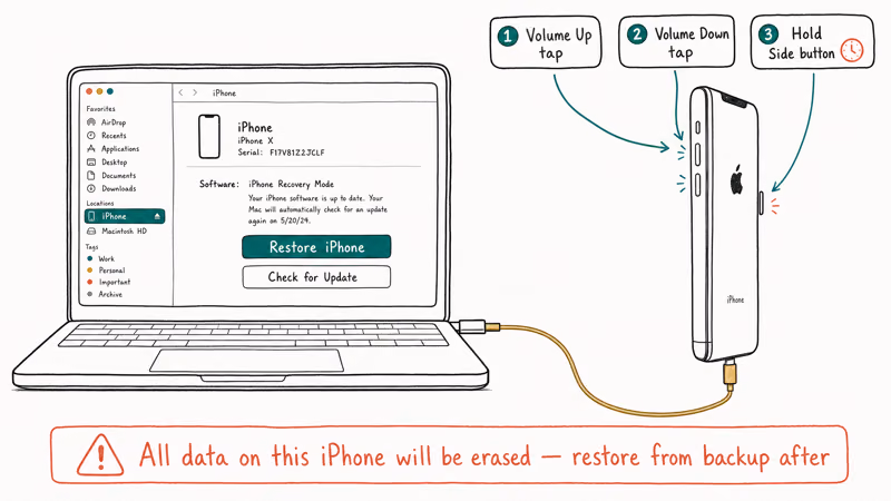 iPhone X connected to MacBook with button combo arrows for entering recovery mode and erasing data