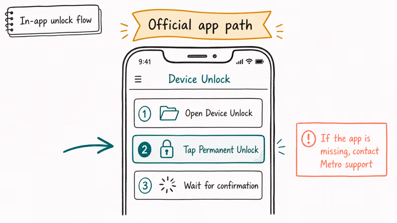 Phone outline showing Device Unlock app screen with Permanent Unlock option highlighted in three steps