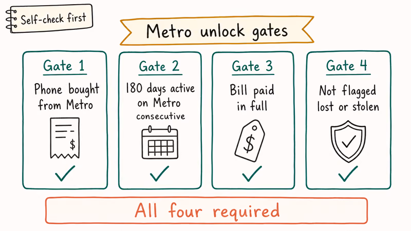 Four gate horizontal checklist for Metro by T-Mobile unlock eligibility including 180 day rule