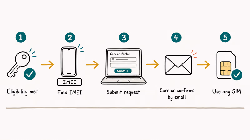 Hand-drawn five step flow from eligibility check to IMEI lookup to portal submit to carrier confirmation to using