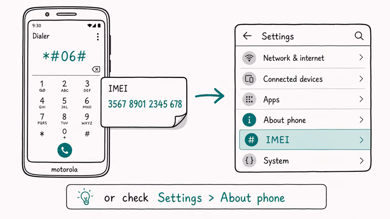 Hand-drawn Motorola dialer screen with the IMEI code entered and the Settings About phone IMEI menu path beside