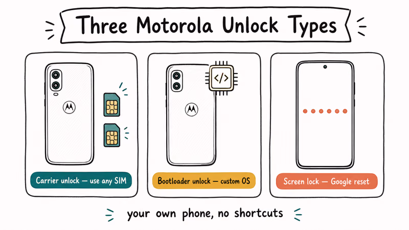 Hand-drawn row of three card types distinguishing carrier unlock bootloader unlock and screen lock reset on a Motorola